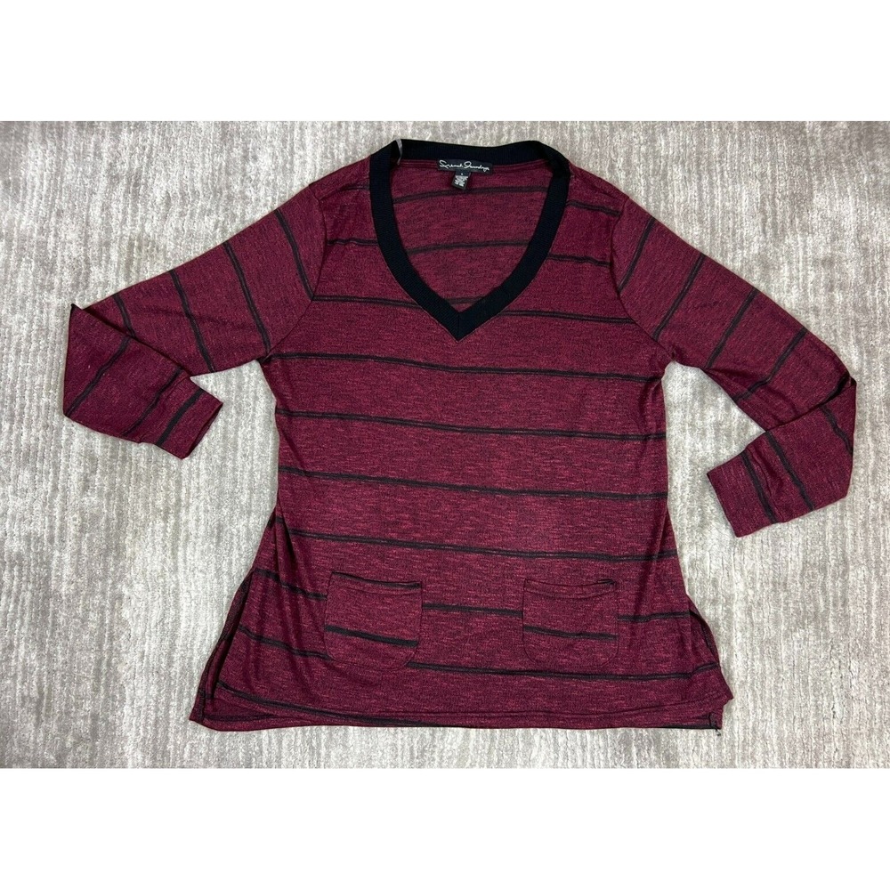 French‎ Laundry Top Womens Large Red Black Striped Long Sleeve Stretch